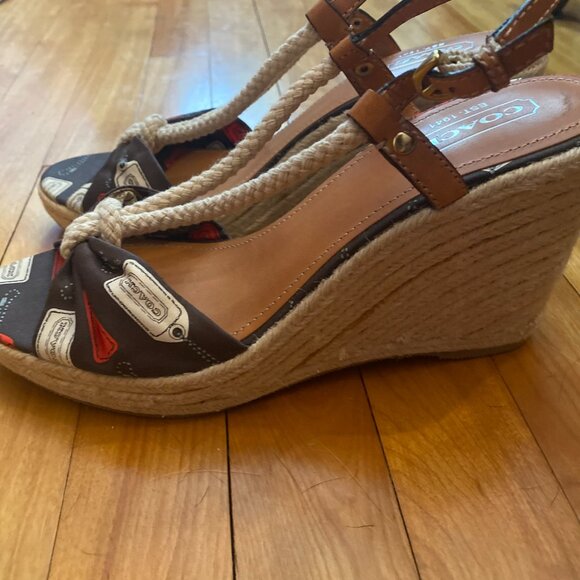 Coach‎ Vintage Catolina Brown Coach Tag Motif Espadrille Wedge Sandal 10 - Picture 2 of 5